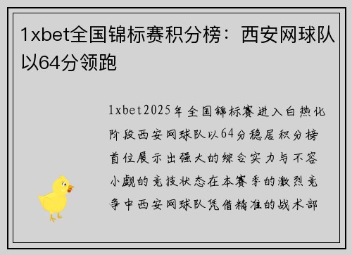 1xbet全国锦标赛积分榜：西安网球队以64分领跑